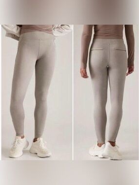 Athleta Delancey Herringbone Beige High-Waist Ponte Legging Zipper Pockets Small